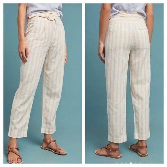 NEW Anthropologie Linen Striped Pink White Oasis Slim leg Belt D-Ring Pant SZ 2 - Picture 3 of 7